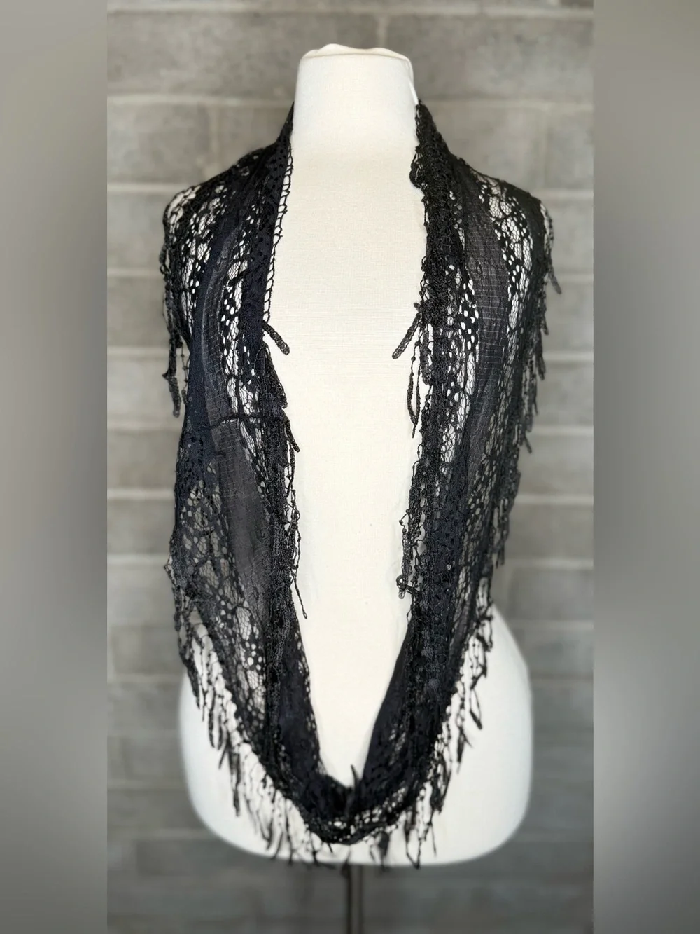 Black Lace Infinity Scarf Fringe Sheer Boho Gothic Festival Lightweight Wrap OS